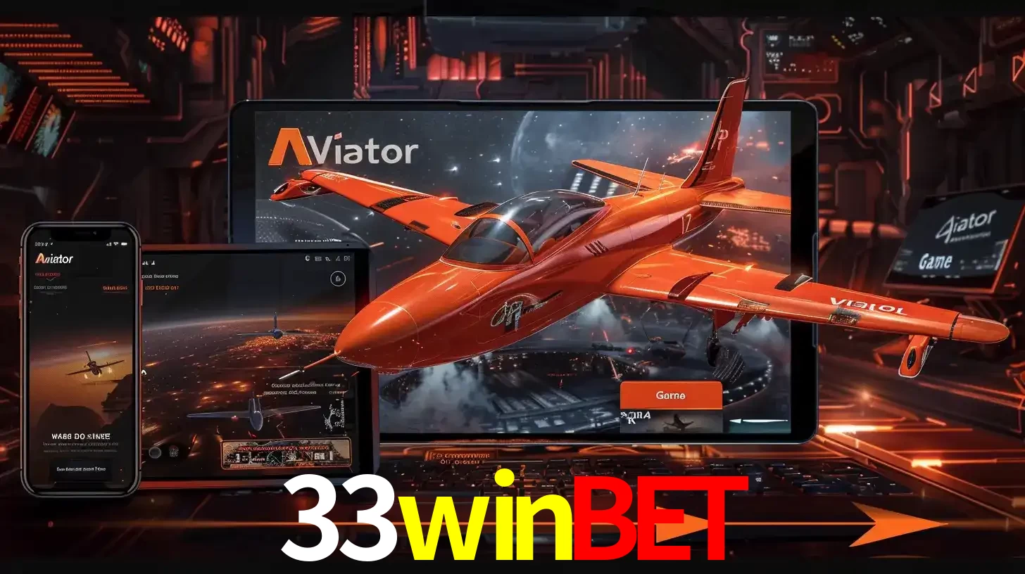 Apresentação tecnológica do jogo Aviator com um avião saindo da tela de um tablet, demonstrando a experiência imersiva em múltiplos dispositivos no 33winbet.