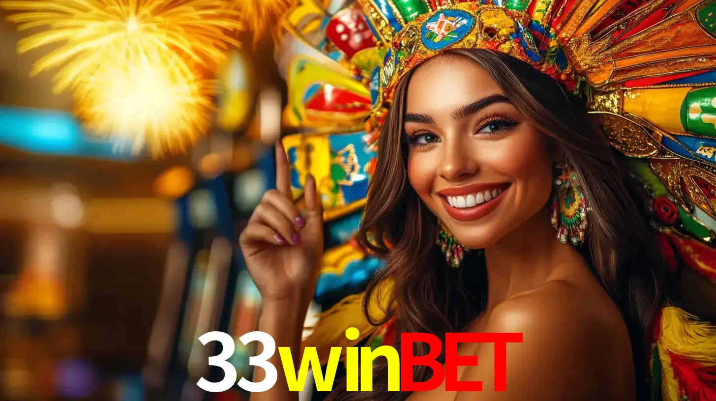Mulher sorridente com um cocar de carnaval vibrante e colorido, celebrando uma grande vitória nos jogos do cassino 33winbet com fogos de artifício ao fundo.