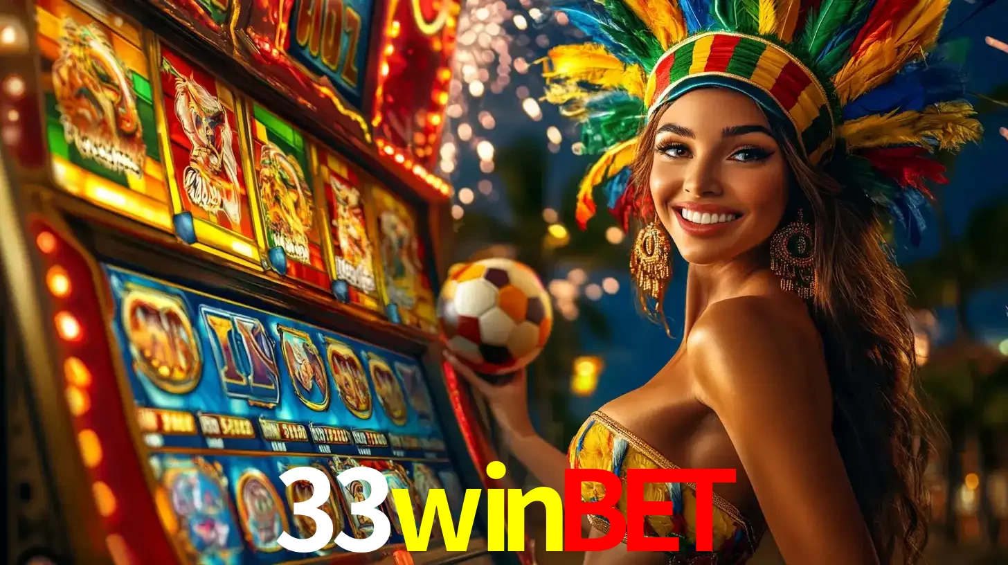 Mulher com um cocar de carnaval ao lado de uma máquina de caça-níqueis enquanto segura uma bola de futebol, mostrando a união da diversão de cassino e esportes no 33winbet.