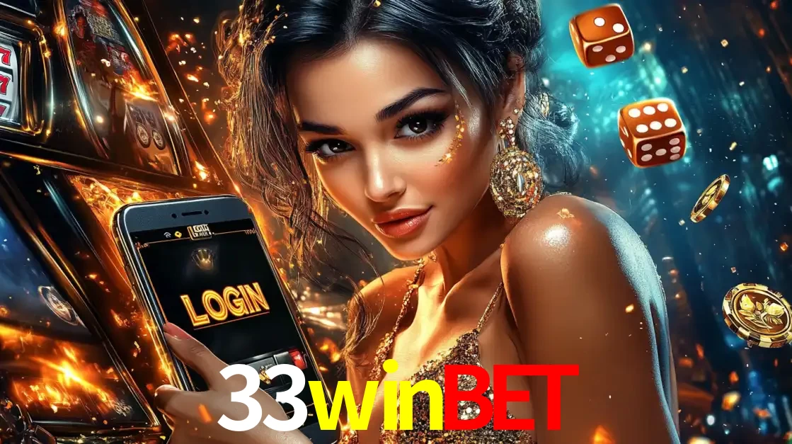 Mulher glamourosa segurando um celular com a tela de login do cassino 33winbet, rodeada por dados e moedas douradas, pronta para começar a diversão.