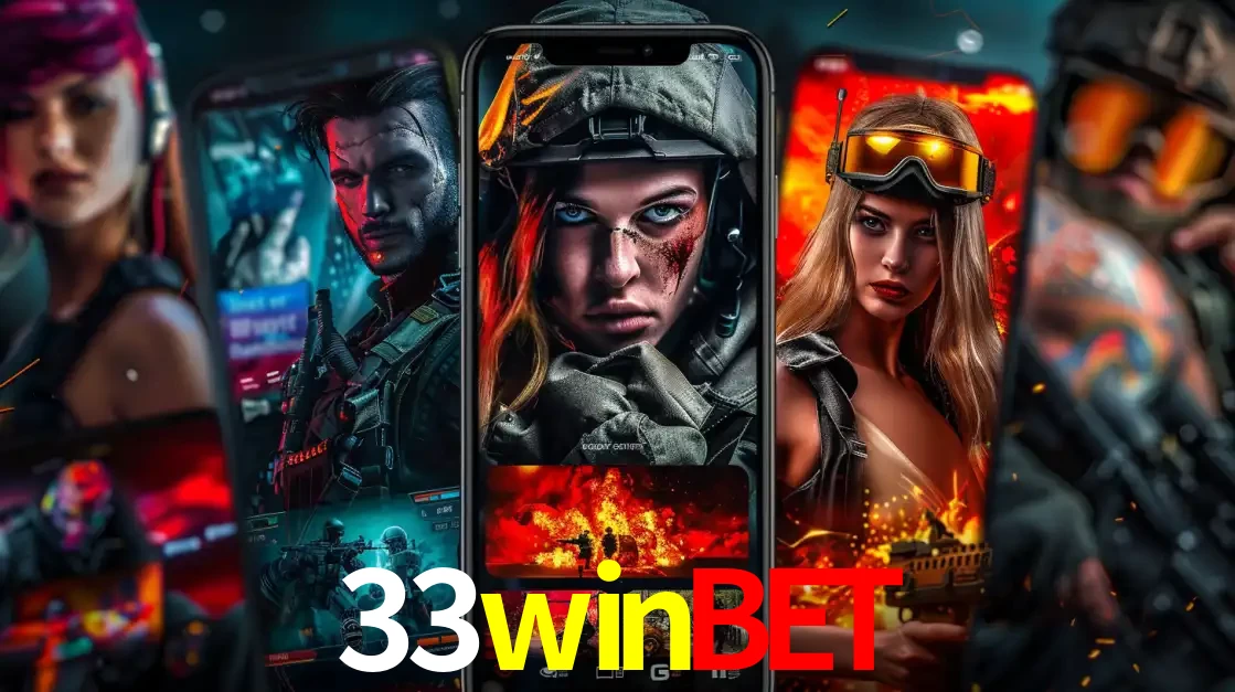 Montagem de telas de celular mostrando diversos personagens, masculinos e femininos, de um jogo de tiro, ilustrando a diversidade de equipes de e-sports para apostar no 33winbet.
