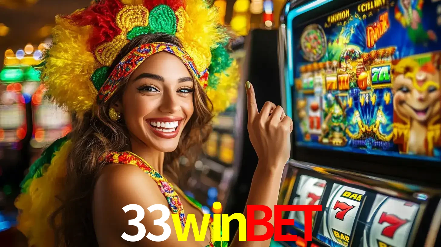 Mulher animada com um cocar de carnaval apontando para uma máquina de caça-níqueis, mostrando a emoção de ganhar um grande prêmio nos jogos do 33winbet.