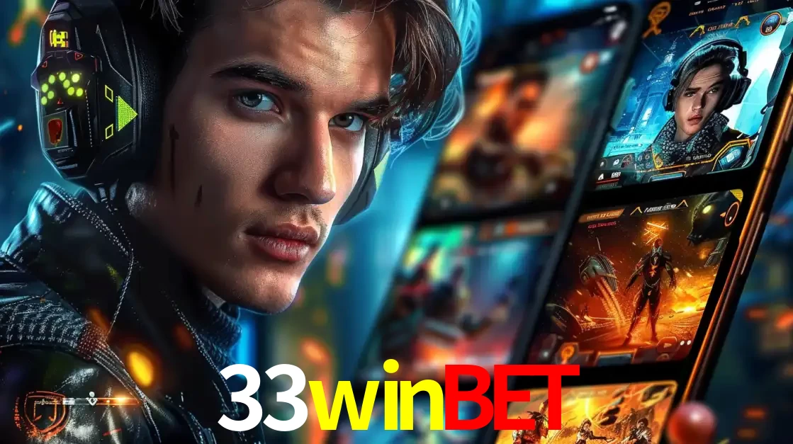 Jovem jogador com fones de ouvido olhando para a câmera, com um aplicativo de jogos e e-sports para celular ao fundo, pronto para a competição e apostas no 33winbet.