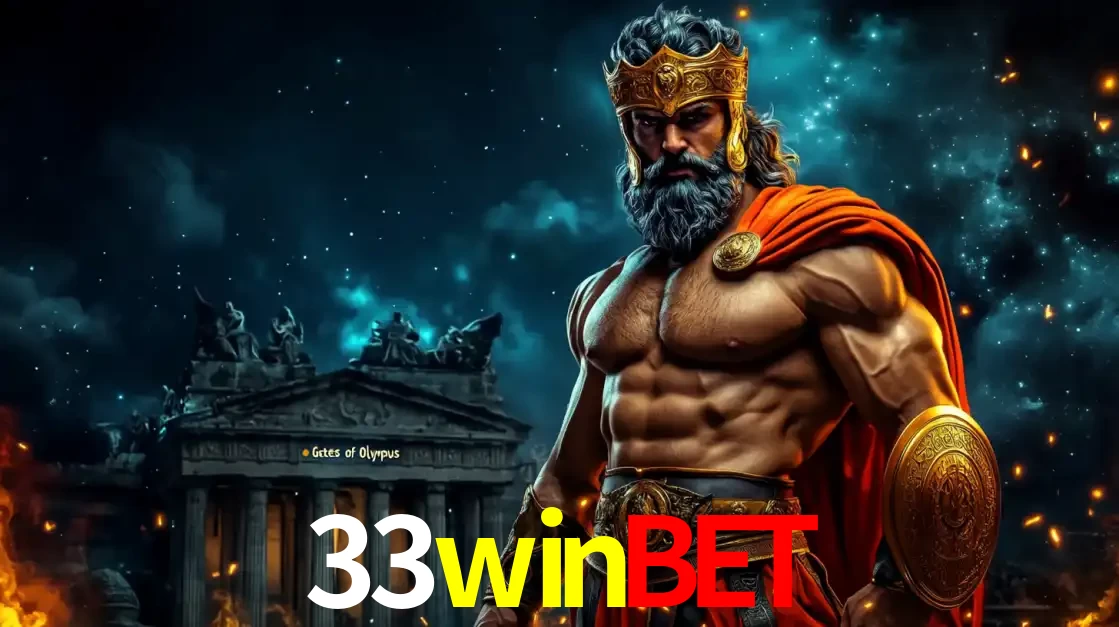 O poderoso Zeus do jogo de slot Gates of Olympus em frente ao seu templo, pronto para lançar multiplicadores divinos e prêmios épicos no cassino online 33winbet.
