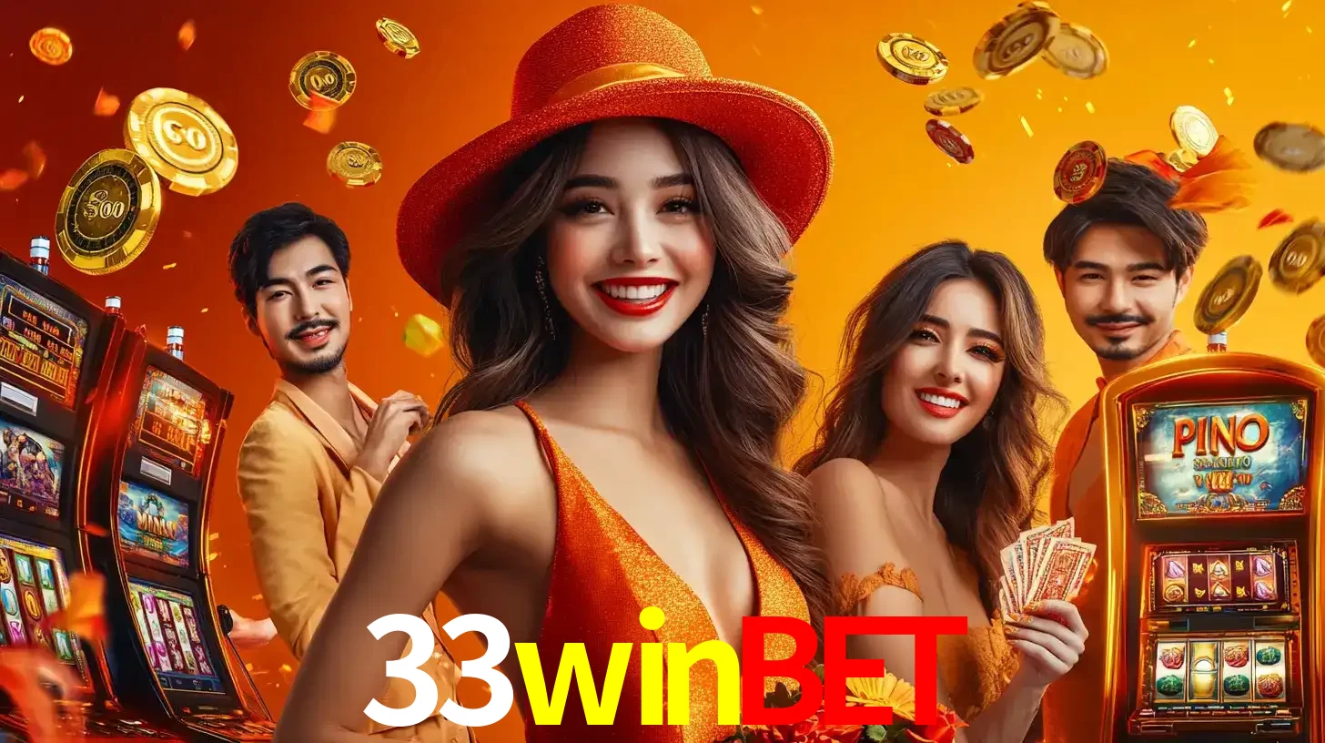 Grupo de amigos asiáticos sorrindo e se divertindo com máquinas de caça-níqueis em um ambiente festivo, celebrando suas vitórias nos jogos de cassino do 33winbet.