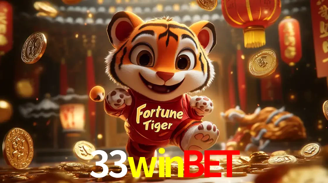 O alegre personagem do Fortune Tiger correndo sobre um caminho de moedas de ouro, simbolizando os grandes prêmios e a diversão do popular jogo de slot do 33winbet.