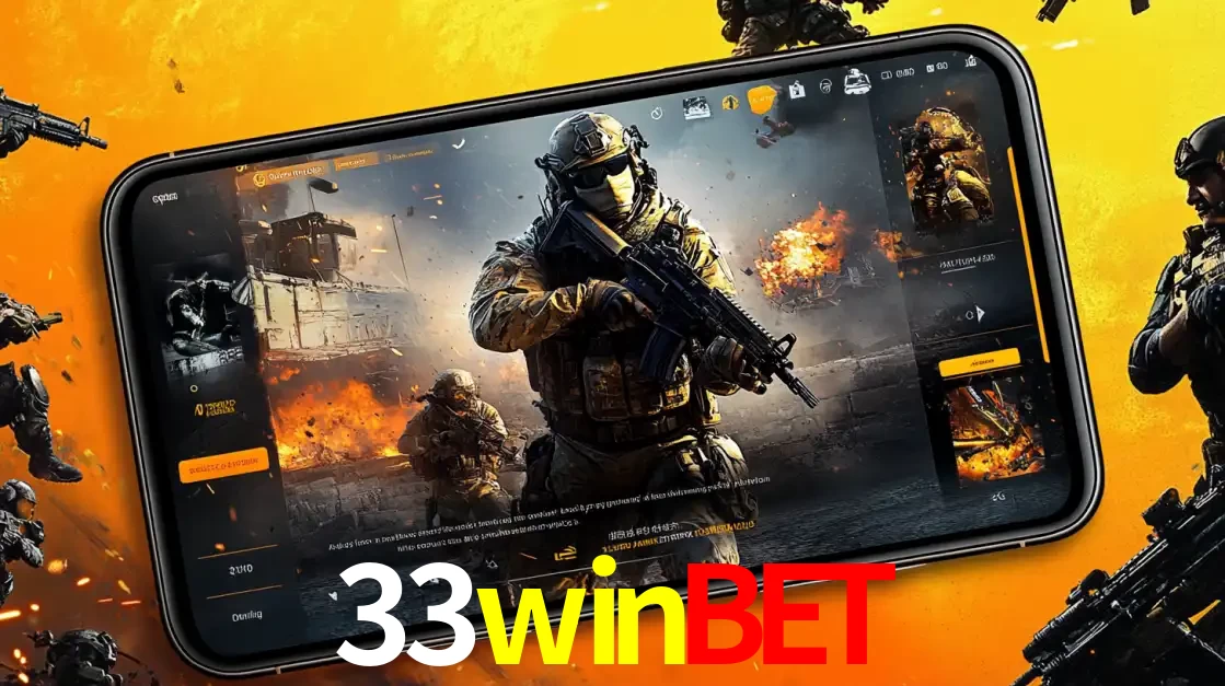 Um smartphone exibindo a interface de um jogo de tiro em primeira pessoa, com um soldado em um cenário de batalha, representando a ação dos e-sports para apostar no 33winbet.