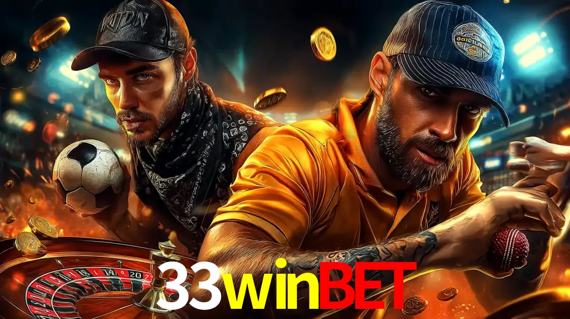 Montagem de apostas esportivas e cassino no 33winbet, com um homem segurando uma bola de futebol e outro uma de beisebol sobre uma roleta e moedas voadoras.