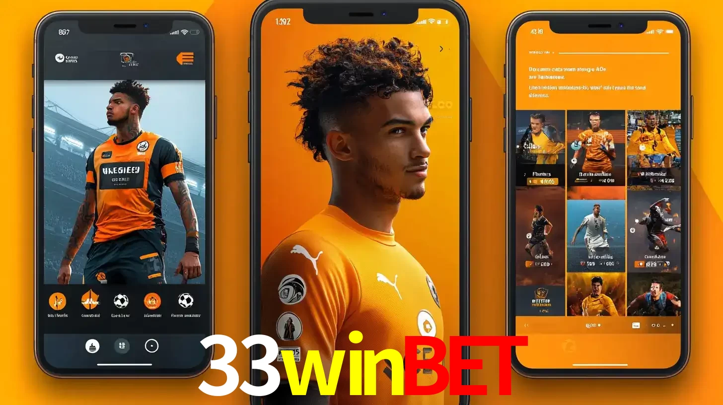 Interface do aplicativo de apostas esportivas 33winbet em três telas de celular, mostrando o perfil de um jogador de futebol e a lista de jogos disponíveis para apostar.