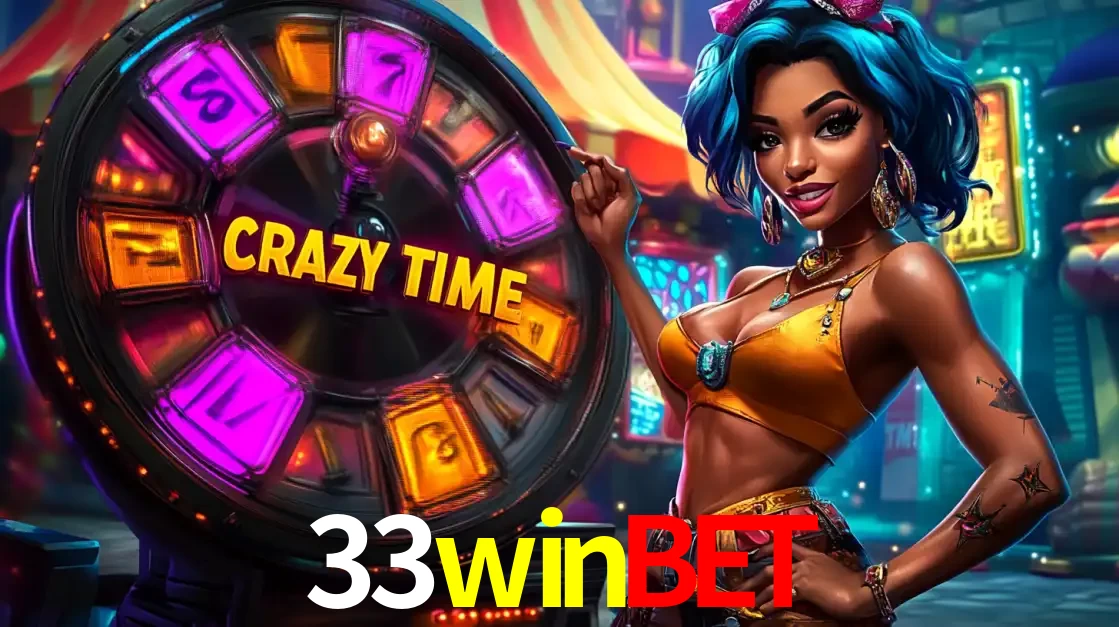 Mulher estilizada com cabelo azul e visual vibrante posando ao lado da roda de prêmios do game show Crazy Time, convidando para a diversão e os bônus do cassino 33winbet.