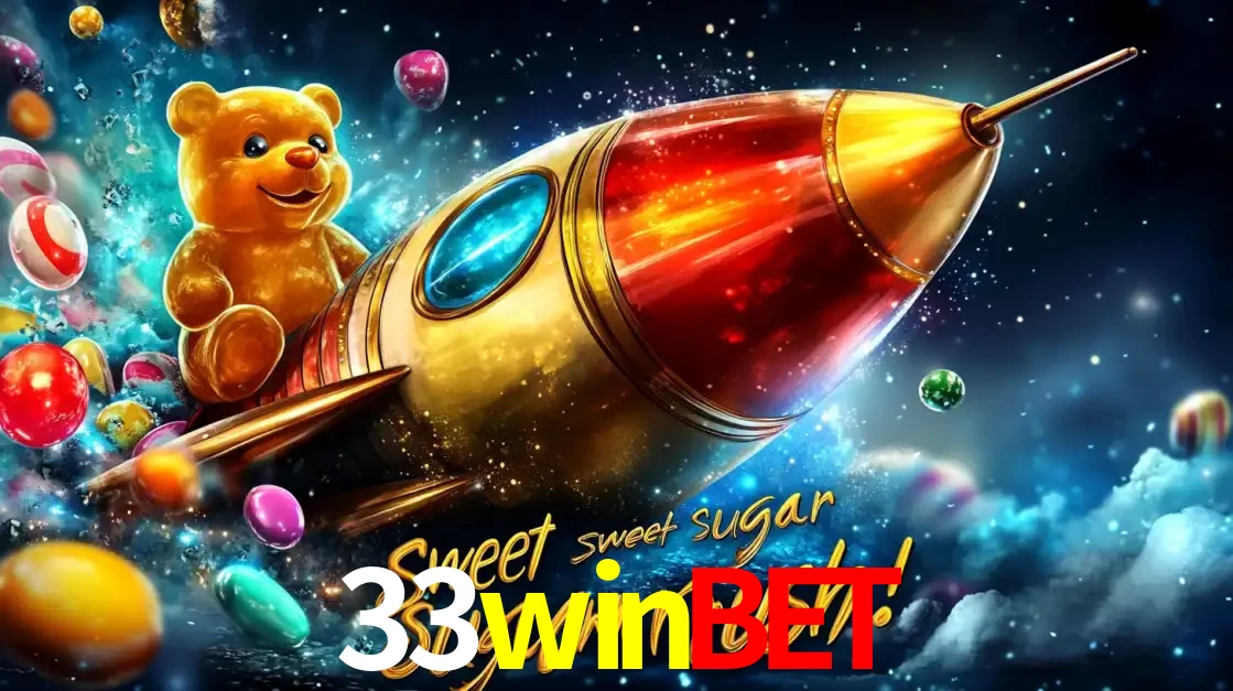 Arte promocional do jogo de slot Sugar Rush, com um urso de pelúcia em um foguete viajando pelo espaço de doces, um dos jogos divertidos disponíveis no cassino 33winbet.