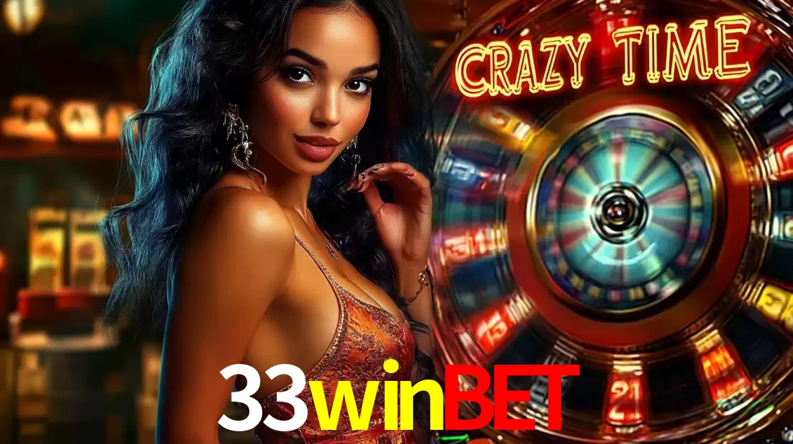 Mulher elegante ao lado da vibrante roda da fortuna do jogo de cassino ao vivo Crazy Time, um dos game shows mais populares e cheios de prêmios do 33winbet.