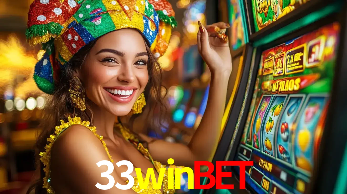 Mulher feliz com traje de carnaval amarelo e colorido ao lado de uma máquina de caça-níqueis, aproveitando a diversão e os jogos temáticos do cassino 33winbet.