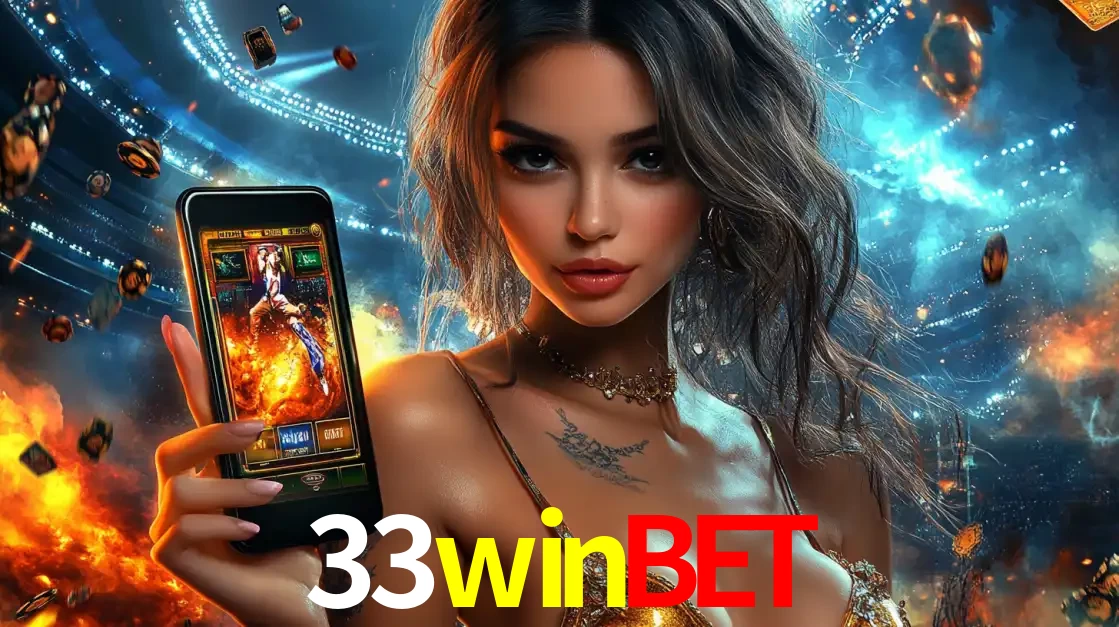 Mulher segurando um celular com um jogo de slot em destaque, tendo como fundo um estádio vibrante, simbolizando a emoção de jogar no cassino móvel 33winbet.