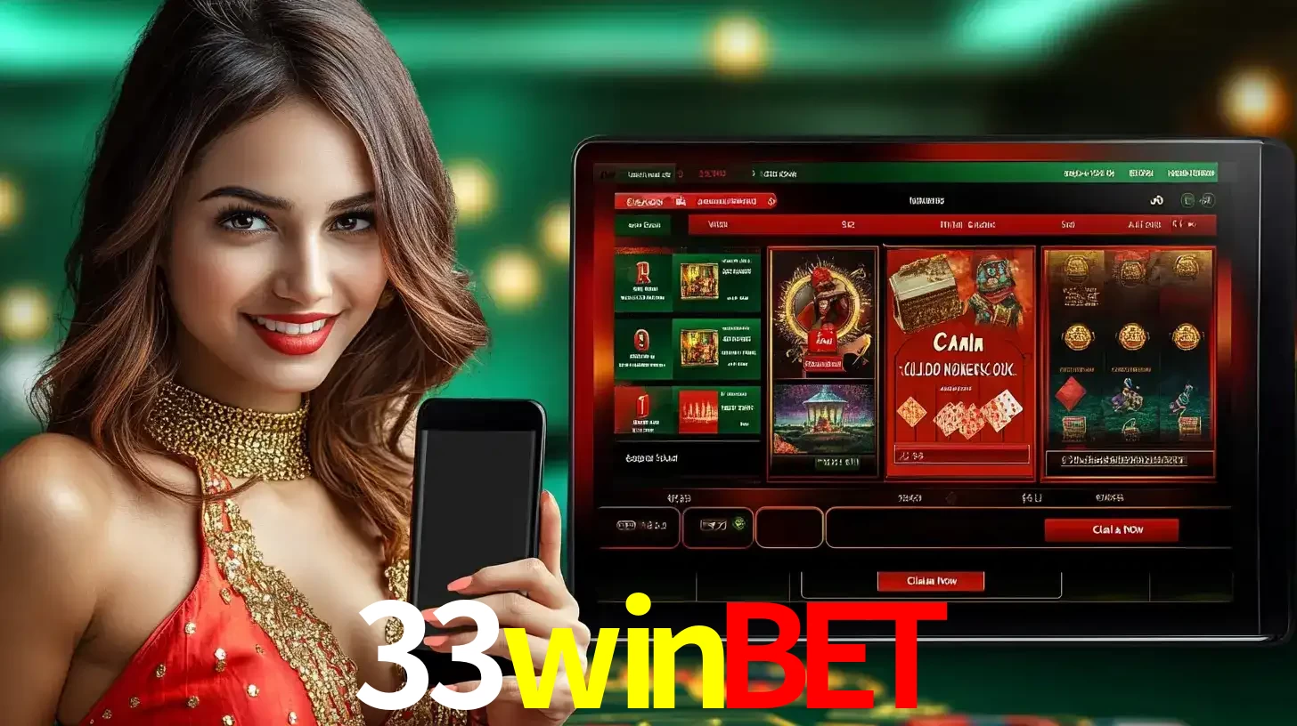 Mulher sorridente segurando um smartphone, ao lado de uma tela exibindo o lobby de jogos do cassino online 33winbet, com várias opções de jogos de cartas e slots.